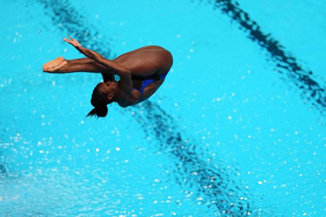 Britain's diver Desharne Bent-Ashmeil competes in the women’s 1m springboard diving final event during the LEN European Aquatics Championships, at the Olympic Aquatics Centre in Saint-Denis, northeastern suburbs of Paris, on August 2, 2026. (Photo by Dimitar DILKOFF / AFP)