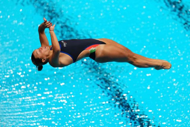 Italy's diver Elisa Pizzini competes in the women’s 1m springboard diving final event during the LEN European Aquatics Championships, at the Olympic Aquatics Centre in Saint-Denis, northeastern suburbs of Paris, on August 2, 2026. (Photo by Dimitar DILKOFF / AFP)