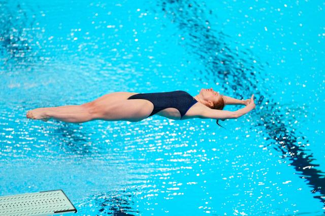 Armenia's diver Aleksandra Bibikina competes in the women’s 1m springboard diving final event during the LEN European Aquatics Championships, at the Olympic Aquatics Centre in Saint-Denis, northeastern suburbs of Paris, on August 2, 2026. (Photo by Dimitar DILKOFF / AFP)
