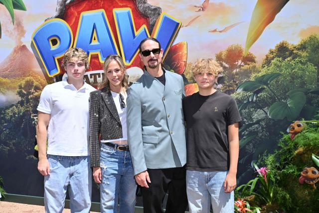 (L/R) Mason Richardson, Kristin Kay Willits, US singer Kevin Richardson and Maxwell Richardson attend Paramount's global premiere of "Paw Patrol: The Dino Movie" at the Paramount Theater in Los Angeles on August 2, 2026. (Photo by LISA O'CONNOR / AFP)