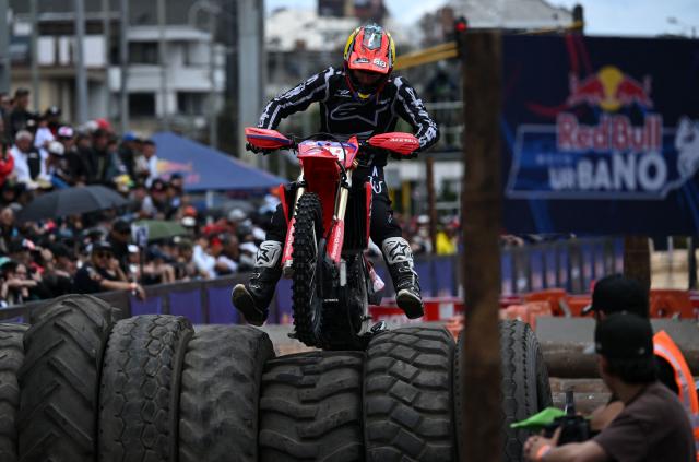 Mexican rider Didier Goinard competes during the first enduro race held through the streets of the city at the Red Bull Moto Urbano event in Bogota on August 2, 2026. (Photo by Raul ARBOLEDA / AFP)