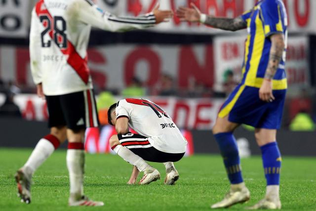 River Plate's Colombian forward #19 Rafael Santos Borre reatcs after losing the Argentine Professional League 2026 Clausura football match between River Plate and Rosario Central at MAS Monumental Stadium in Buenos Aires on August 2, 2026. (Photo by Alejandro PAGNI / AFP)
