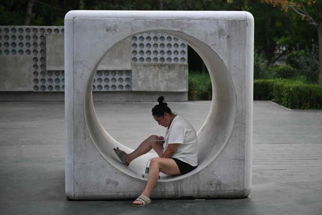 A woman checks her phone at a park in Beijing on August 3, 2026. (Photo by Pedro PARDO / AFP)