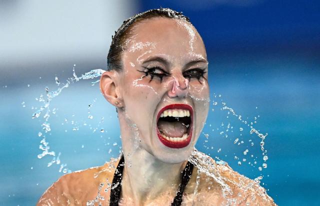 Neutral Athlete artistic swimmer Vasilina Khandoshka competes in the women’s solo free artistic swimming final event during the LEN European Aquatics Championships, at the Olympic Aquatics Centre in Saint-Denis, northeastern suburbs of Paris, on August 3, 2026. (Photo by JULIEN DE ROSA / AFP)