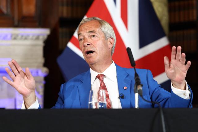 Reform UK leader Nigel Farage speaks during a press conference at a hotel in central London on August 3, 2026. (Photo by Toby Shepheard / AFP)