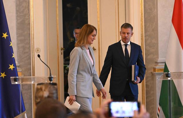 Hungary's Prime Minister Peter Magyar (R) arrives to inform the press with the Speaker of the Hungarian Parliament Agnes Forsthoffer at the presidential palace in Budapest, on August 3, 2026 on the government's handling of the heat wave and the energy crisis. (Photo by Attila KISBENEDEK / AFP)