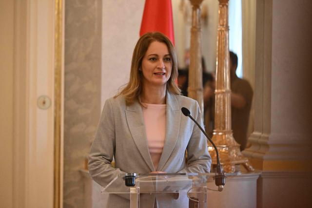Speaker of the Hungarian Parliament Agnes Forsthoffer informs the press with Hungary's Prime Minister at the presidential palace in Budapest, on August 3, 2026 on the government's handling of the heat wave and the energy crisis. (Photo by Attila KISBENEDEK / AFP)