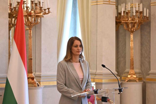 Speaker of the Hungarian Parliament Agnes Forsthoffer informs the press with Hungary's Prime Minister at the presidential palace in Budapest, on August 3, 2026 on the government's handling of the heat wave and the energy crisis. (Photo by Attila KISBENEDEK / AFP)