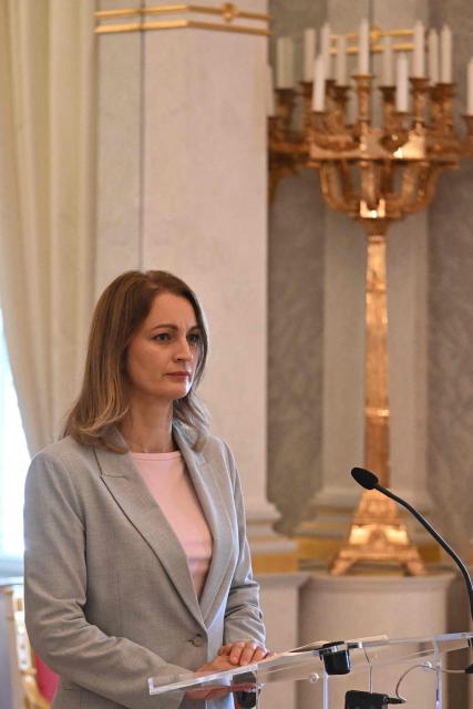 Speaker of the Hungarian Parliament Agnes Forsthoffer informs the press with Hungary's Prime Minister at the presidential palace in Budapest, on August 3, 2026 on the government's handling of the heat wave and the energy crisis. (Photo by Attila KISBENEDEK / AFP)