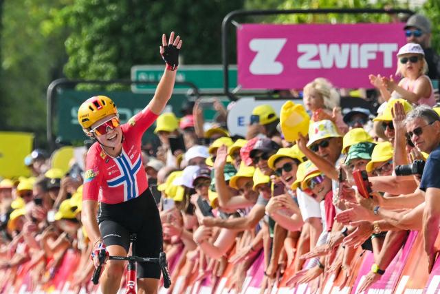 Uno-X Mobility's Norwegian rider Sigrid Ytterhus Haugset celebrates as she crosses the finish line to win the 3rd (out of 9) stage of the fifth edition of the Women's Tour de France cycling race, 156.5 km from Geneva to Poligny, in Poligny, central-eastern France on August 3, 2026. (Photo by NICOLAS TUCAT / AFP)