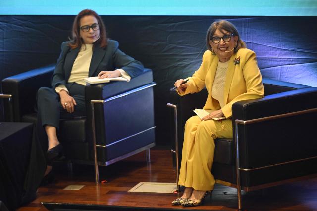 Latin American candidates for UN Secretary-General, Costa Rican Rebeca Grynspan (R) and Ecuadorean Maria Fernanda Espinosa (L), take part in the Regional Dialogue on the Future Leadership of the United Nations in Montevideo on August 3, 2026. (Photo by Santiago Mazzarovich / AFP)