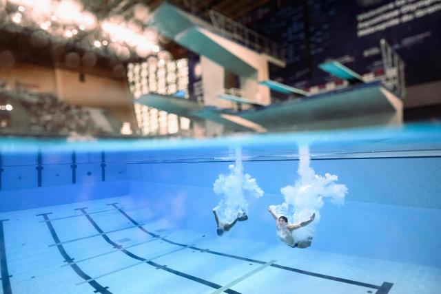 Spain's diver Juan Pablo Cortes Zapata and Max Linan Canela compete in the men’s 3m springboard synchro final diving event during the LEN European Aquatics Championships, at the Olympic Aquatics Centre in Saint-Denis, northeastern suburbs of Paris, on August 3, 2026. (Photo by SEBASTIEN BOZON / AFP)