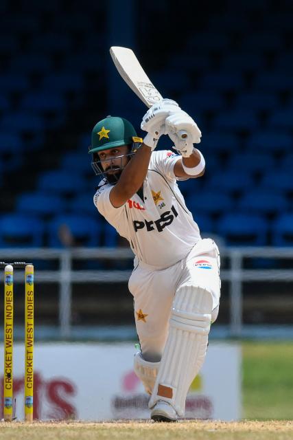 Abdullah Shafique of Pakistan hits 4 during the 2nd day of the 2nd Test match between West Indies and Pakistan at Queens Park Oval, Port of Spain, Trinidad and Tobago, on August 3, 2026. (Photo by Randy Brooks / AFP)