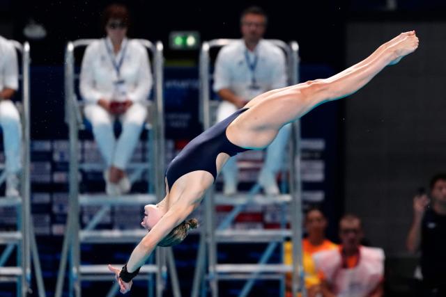 Britain's diver Eden Cheng competes in the women’s 10m platform final diving event during the LEN European Aquatics Championships, at the Olympic Aquatics Centre in Saint-Denis, northeastern suburbs of Paris, on August 3, 2026. (Photo by Dimitar DILKOFF / AFP)