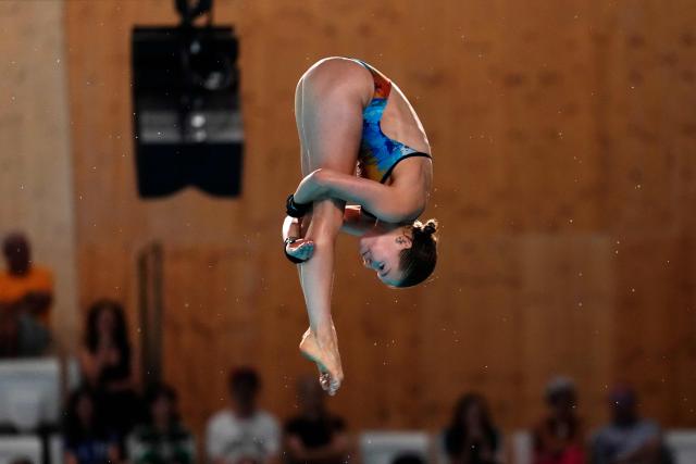 Netherlands' diver Else Guurtje Praasterink competes in the women’s 10m platform final diving event during the LEN European Aquatics Championships, at the Olympic Aquatics Centre in Saint-Denis, northeastern suburbs of Paris, on August 3, 2026. (Photo by Dimitar DILKOFF / AFP)