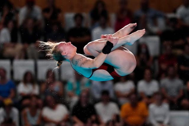 Germany's diver Elena Wassen competes in the women’s 10m platform final diving event during the LEN European Aquatics Championships, at the Olympic Aquatics Centre in Saint-Denis, northeastern suburbs of Paris, on August 3, 2026. (Photo by Dimitar DILKOFF / AFP)