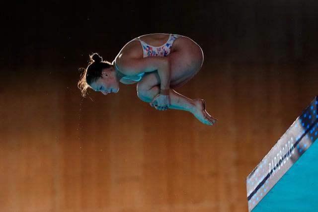 France's diver Emily Hallifax competes in the women’s 10m platform final diving event during the LEN European Aquatics Championships, at the Olympic Aquatics Centre in Saint-Denis, northeastern suburbs of Paris, on August 3, 2026. (Photo by Dimitar DILKOFF / AFP)