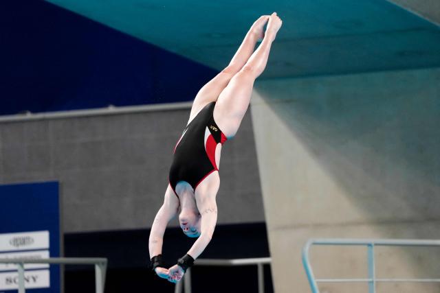 Germany's diver Elena Wassen competes in the women’s 10m platform final diving event during the LEN European Aquatics Championships, at the Olympic Aquatics Centre in Saint-Denis, northeastern suburbs of Paris, on August 3, 2026. (Photo by Dimitar DILKOFF / AFP)
