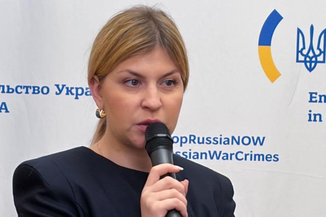 (FILES) Ukraine Ambassador to the United States Olha Stefanishyna speaks at the Ukraine Embassy in Washington, DC, on February 24, 2026. Ukrainian President Volodymyr Zelensky has on August 3, 2026, dismissed his ambassador to the United States, Olga Stefanishyna, in a move that had been expected following a government reshuffle last month. (Photo by Maria DANILOVA / AFP)