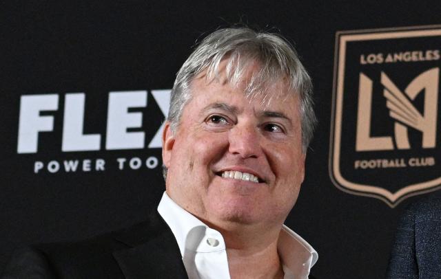 (FILES) Los Angeles Football Cub (LAFC) lead managing owner Larry Berg attends a press conference introducing Bale, July 11, 2022 at the Banc of California Stadium, in Los Angeles, California. Major League Soccer named Los Angeles FC co-managing owner Larry Berg as the league's next commissioner on August 3, saying he will take the helm from Don Garber on January 1, 2027. Berg will become the third commissioner in the history of the league. Garber, who took the job in 1999, will shift to the role of chairman in 2027 to ensure a seamless leadership transition, MLS said in a statement. (Photo by Robyn Beck / AFP) / ALTERNATE CROP