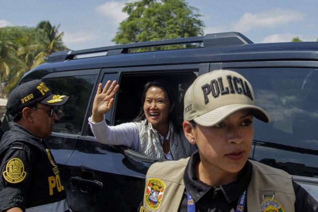 Peru's President Keiko Fujimori waves as she leaves after an inspection of cleaning and desilting work on the Piura River in the Piura Department, Peru, on August 3, 2026. Peru's President Keiko Fujimori visited the northern part of the country on August 3, where shelters will be set up and the infrastructure of schools and hospitals will be reinforced as part of prevention efforts ahead of the El Niño weather phenomenon, which continues to intensify in the Pacific. (Photo by Ralph Zapata / AFP)