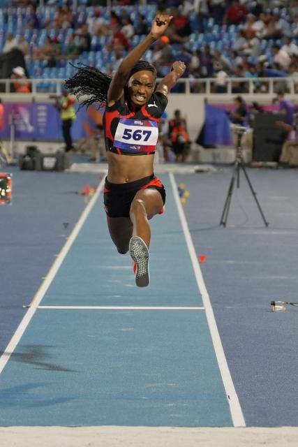 Trinidad and Tobago's Keneisha Shelbourne competes in the women's triple jump final event during the XXV Central American and Caribbean Games at the Felix Sanchez Olympic Stadium in Santo Domingo on August 3, 2026. (Photo by Francesco SPOTORNO / AFP)