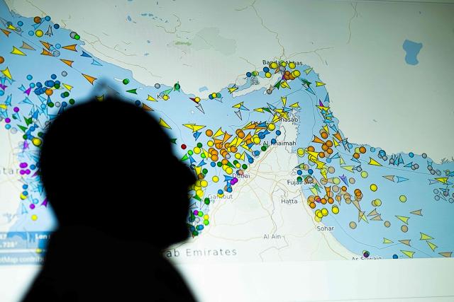 (FILES) A photo illustration taken in Nicosia on May 4, 2026, shows a person in front of a large screen displaying vessel movements in the Strait of Hormuz on a ship-tracking website. For 115 days, captain Mohammad Shafiqul Islam was stranded in the high seas of the Gulf, watching missiles light up the night sky and rationing food and water for his crew. "I tried to stay calm because I was responsible for 31 lives, a ship worth $40 million and cargo valued at $8.2 million," the 51-year-old Bangladeshi mariner told AFP, back home after the ordeal. (Photo by AFP)