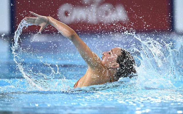 Malta's artistic swimmer Zea Montfort competes in the women’s solo technical artistic swimming final event during the LEN European Aquatics Championships, at the Olympic Aquatics Centre in Saint-Denis, northeastern suburbs of Paris, on August 4, 2026. (Photo by JULIEN DE ROSA / AFP)