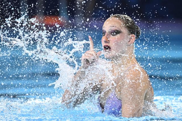 Neutral Athletes artistic swimmer Valeriia Plekhanova competes in the women’s solo technical artistic swimming final event during the LEN European Aquatics Championships, at the Olympic Aquatics Centre in Saint-Denis, northeastern suburbs of Paris, on August 4, 2026. (Photo by JULIEN DE ROSA / AFP)