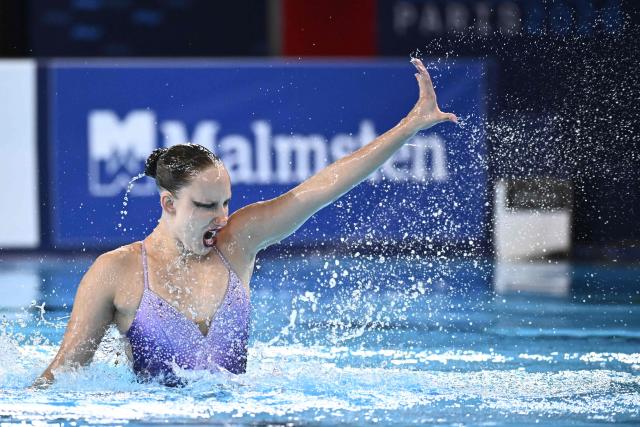 Neutral Athletes artistic swimmer Valeriia Plekhanova competes in the women’s solo technical artistic swimming final event during the LEN European Aquatics Championships, at the Olympic Aquatics Centre in Saint-Denis, northeastern suburbs of Paris, on August 4, 2026. (Photo by JULIEN DE ROSA / AFP)
