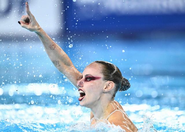 Neutral Athletes artistic swimmer Vasilina Khandoshka competes in the women’s solo technical artistic swimming final event during the LEN European Aquatics Championships, at the Olympic Aquatics Centre in Saint-Denis, northeastern suburbs of Paris, on August 4, 2026. (Photo by JULIEN DE ROSA / AFP)