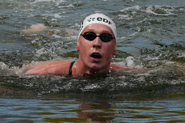 Germany's swimmer Florian Wellbrock swims during the men's 10km open water swimming event during the LEN European Aquatics Championships, next to the Seine River in Paris, on August 4, 2026. (Photo by Dimitar DILKOFF / AFP)