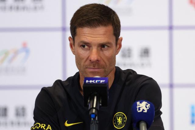 Chelsea's manager Xabi Alonso takes part in a press conference ahead of their football match against Juventus at Kai Tak Stadium in Hong Kong on August 4, 2026. (Photo by May JAMES / AFP)