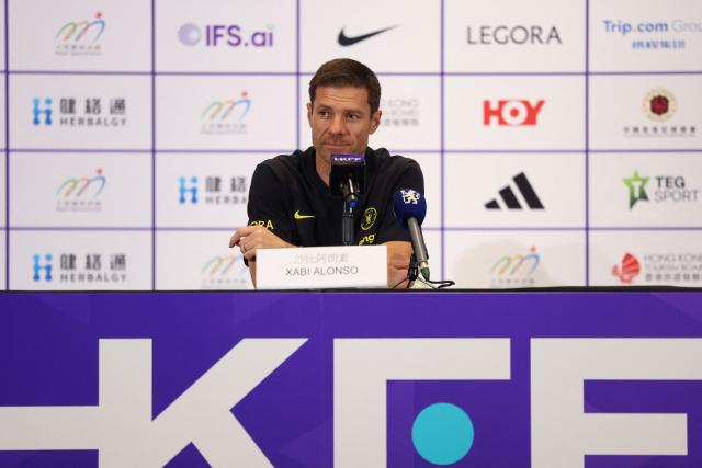 Chelsea's manager Xabi Alonso takes part in a press conference ahead of their football match against Juventus at Kai Tak Stadium in Hong Kong on August 4, 2026. (Photo by May JAMES / AFP)