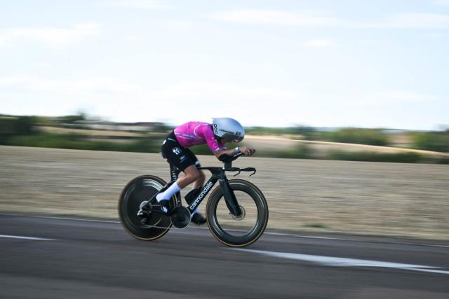 EF Education-Oatly's Canadian rider Magdeleine Vallieres competes during the individual time-trial in the 4th (out of 9) stage of the fifth edition of the Women's Tour de France cycling race, 21 km time trial between Gevrey-Chambertin and Dijon, eastern France on August 4, 2026. (Photo by NICOLAS TUCAT / AFP)