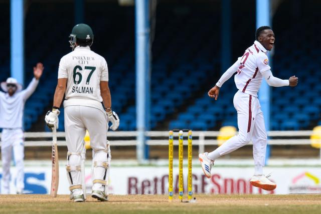 Salman Ali Agha (L) of Pakistan is dismissed by Shamar Joseph (R) of West Indies during the third day of the second Test match between West Indies and Pakistan at Queen's Park Oval in Port of Spain, Trinidad and Tobago, on August 4, 2026. (Photo by Randy Brooks / AFP)