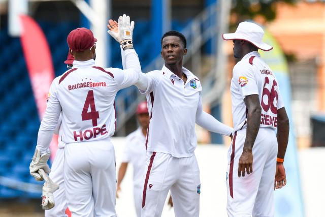 Shamar Joseph of West Indies celebrates the dismissal of Salman Ali Agha of Pakistan during the third day of the second Test match between West Indies and Pakistan at Queen's Park Oval in Port of Spain, Trinidad and Tobago, on August 4, 2026. (Photo by Randy Brooks / AFP)
