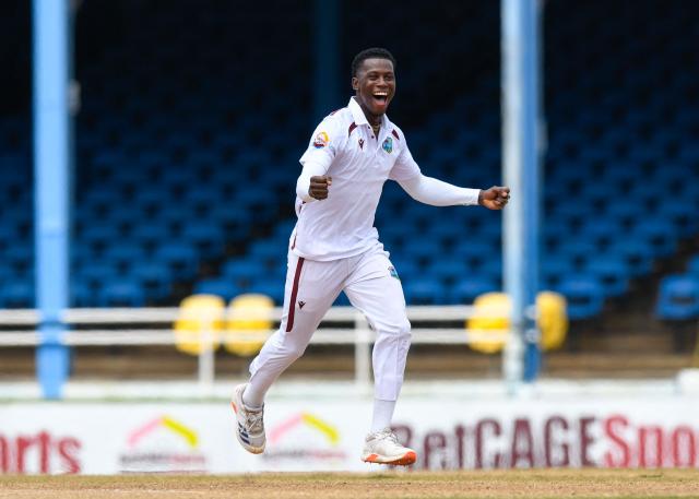 Shamar Joseph of West Indies celebrates the dismissal of Salman Ali Agha of Pakistan during the third day of the second Test match between West Indies and Pakistan at Queen's Park Oval in Port of Spain, Trinidad and Tobago, on August 4, 2026. (Photo by Randy Brooks / AFP)