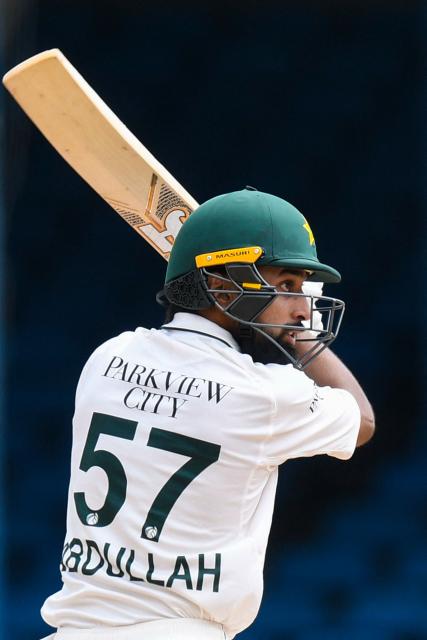 Abdullah Shafique of Pakistan prepares to bat during the third day of the second Test match between West Indies and Pakistan at Queen's Park Oval in Port of Spain, Trinidad and Tobago, on August 4, 2026. (Photo by Randy Brooks / AFP)