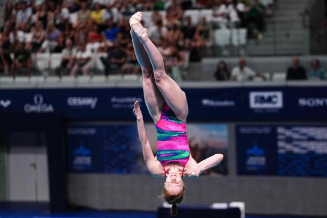 Armenia's diver Aleksandra Bibikina competes in the women’s 3m springboard diving final event during the LEN European Aquatics Championships, at the Olympic Aquatics Centre in Saint-Denis, northeastern suburbs of Paris, on August 4, 2026. (Photo by Dimitar DILKOFF / AFP)