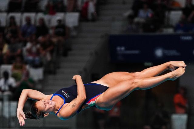 Italy's diver Chiara Pellacani competes in the women’s 3m springboard diving final event during the LEN European Aquatics Championships, at the Olympic Aquatics Centre in Saint-Denis, northeastern suburbs of Paris, on August 4, 2026. (Photo by Dimitar DILKOFF / AFP)