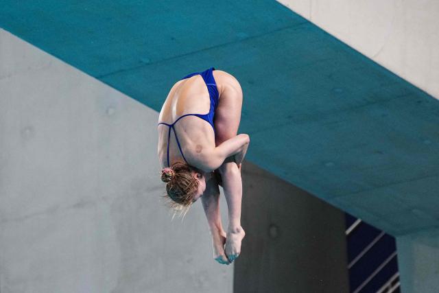 Ukraine's diver Kseniia Bochek competes in the women’s 3m springboard diving final event during the LEN European Aquatics Championships, at the Olympic Aquatics Centre in Saint-Denis, northeastern suburbs of Paris, on August 4, 2026. (Photo by Dimitar DILKOFF / AFP)
