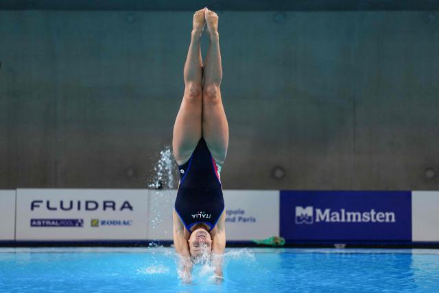 Italy's diver Chiara Pellacani competes in the women’s 3m springboard diving final event during the LEN European Aquatics Championships, at the Olympic Aquatics Centre in Saint-Denis, northeastern suburbs of Paris, on August 4, 2026. (Photo by Dimitar DILKOFF / AFP)
