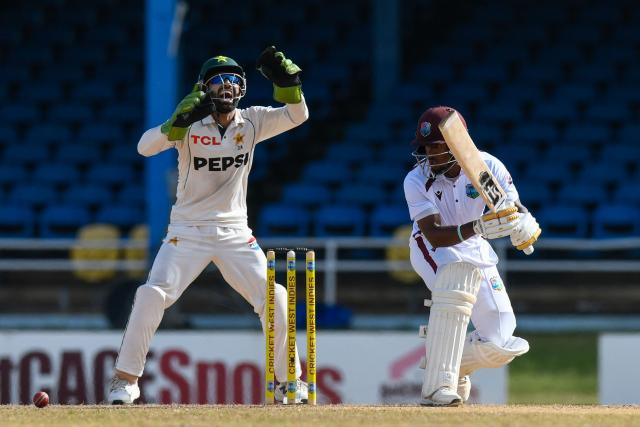 Mohammad Rizwan (L) of Pakistan appeals for LBW (leg before wicket) against Kavem Hodge (R) of West Indies during the third day of the second Test match between West Indies and Pakistan at Queen's Park Oval in Port of Spain, Trinidad and Tobago, on August 4, 2026. (Photo by Randy Brooks / AFP)