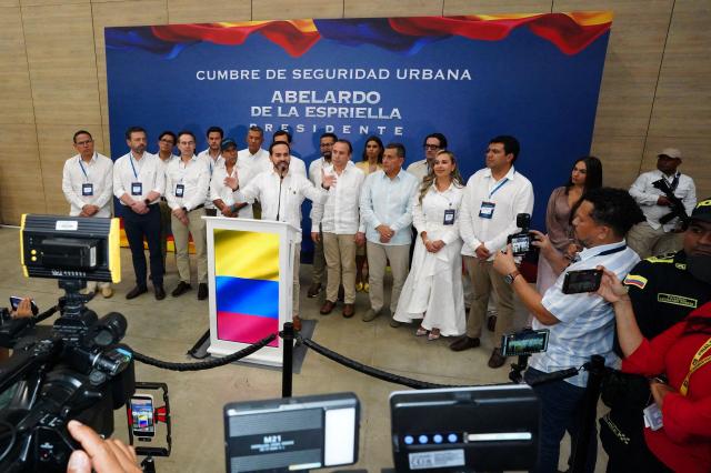 Colombia's President-elect Abelardo de la Espriella gives a speech during the Urban Security Summit in Barranquilla, Colombia on August 4, 2026. (Photo by Vanexa Romero / AFP)