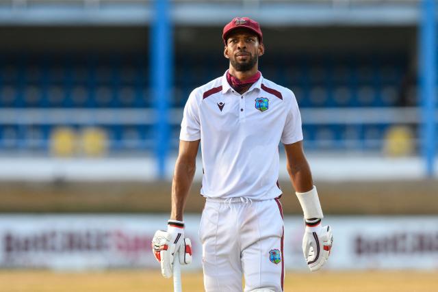 Cricket captain Roston Chase of West Indies walks off the pitch after he was caught and bowled for a duck by Ali Usman of Pakistan during the third day of the second Test match between West Indies and Pakistan at Queen's Park Oval in Port of Spain, Trinidad and Tobago, on August 4, 2026. (Photo by Randy Brooks / AFP)