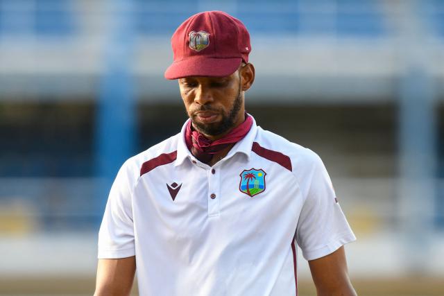 Cricket captain Roston Chase of West Indies walks off the pitch after he was caught and bowled for a duck by Ali Usman of Pakistan during the third day of the second Test match between West Indies and Pakistan at Queen's Park Oval in Port of Spain, Trinidad and Tobago, on August 4, 2026. (Photo by Randy Brooks / AFP)