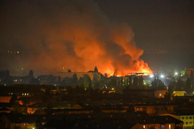 A fire breaks out following massive Russian ballistic missile strikes in the Ukrainian capital of Kyiv on August 5, 2026, amid the Russian invasion in Ukraine. Explosions rang out in Kyiv shortly after midnight local time on August 5, AFP reporters said, after the Ukrainian air force reported the approach of several ballistic missiles. Kyiv Mayor Vitali Klitschko said a fire broke out in a 20-storey residential building, with the cause "likely a missile strike". Warehouses were also hit, he added. (Photo by Evgen KOTENKO / AFP)