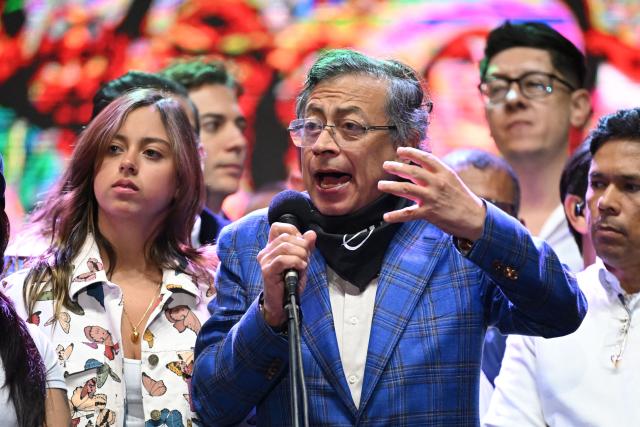 Colombian President Gustavo Petro gestures as he speaks alongside his daughter Antonella Petro during the Festival for the Defense of Public Higher Education in Soacha, near Bogota on August 4, 2026. (Photo by Raul ARBOLEDA / AFP)
