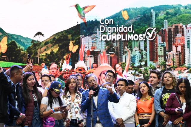 Colombian President Gustavo Petro gestures as he speaks during the Festival for the Defense of Public Higher Education in Soacha, near Bogota on August 4, 2026. (Photo by Raul ARBOLEDA / AFP)